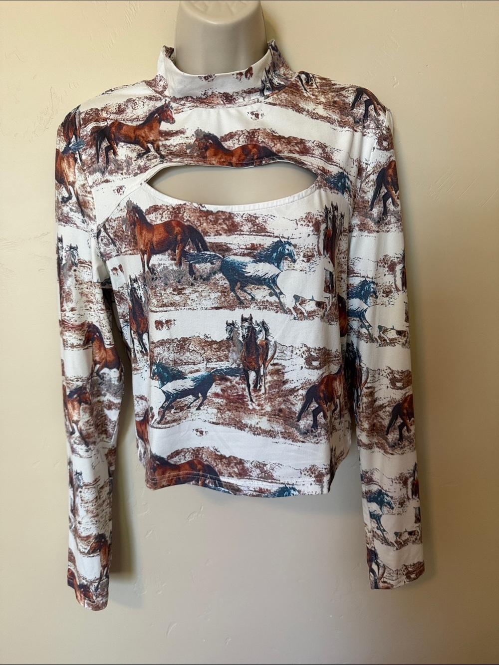 Cream Horse-Print Cutout Long Sleeve Top